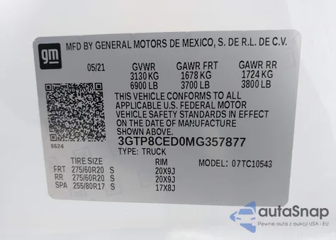 2021 GMC Sierra 1500 2Wd Short Box Elevation из США, поврежденный, VIN 3GTP8CED0MG357877